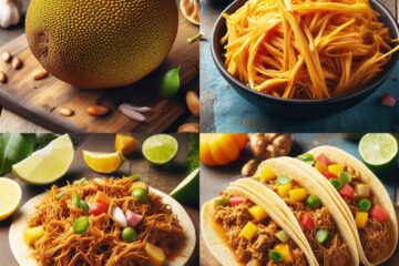 A photo collage showcasing jackfruit in different culinary forms: whole jackfruit on a cutting board, shredded jackfruit resembling pulled pork, jackfruit tacos with colorful toppings, and jackfruit curry with vegetables.