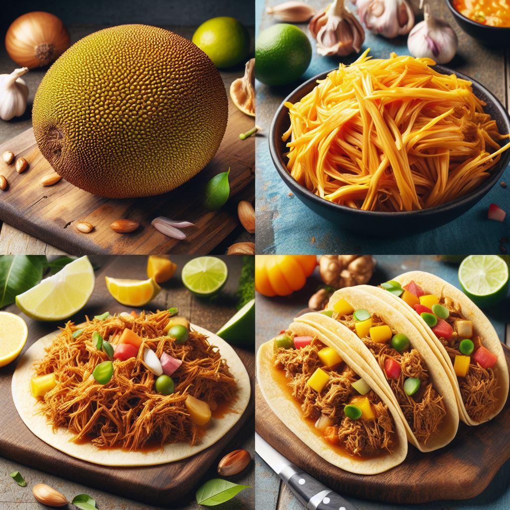 A photo collage showcasing jackfruit in different culinary forms: whole jackfruit on a cutting board, shredded jackfruit resembling pulled pork, jackfruit tacos with colorful toppings, and jackfruit curry with vegetables.